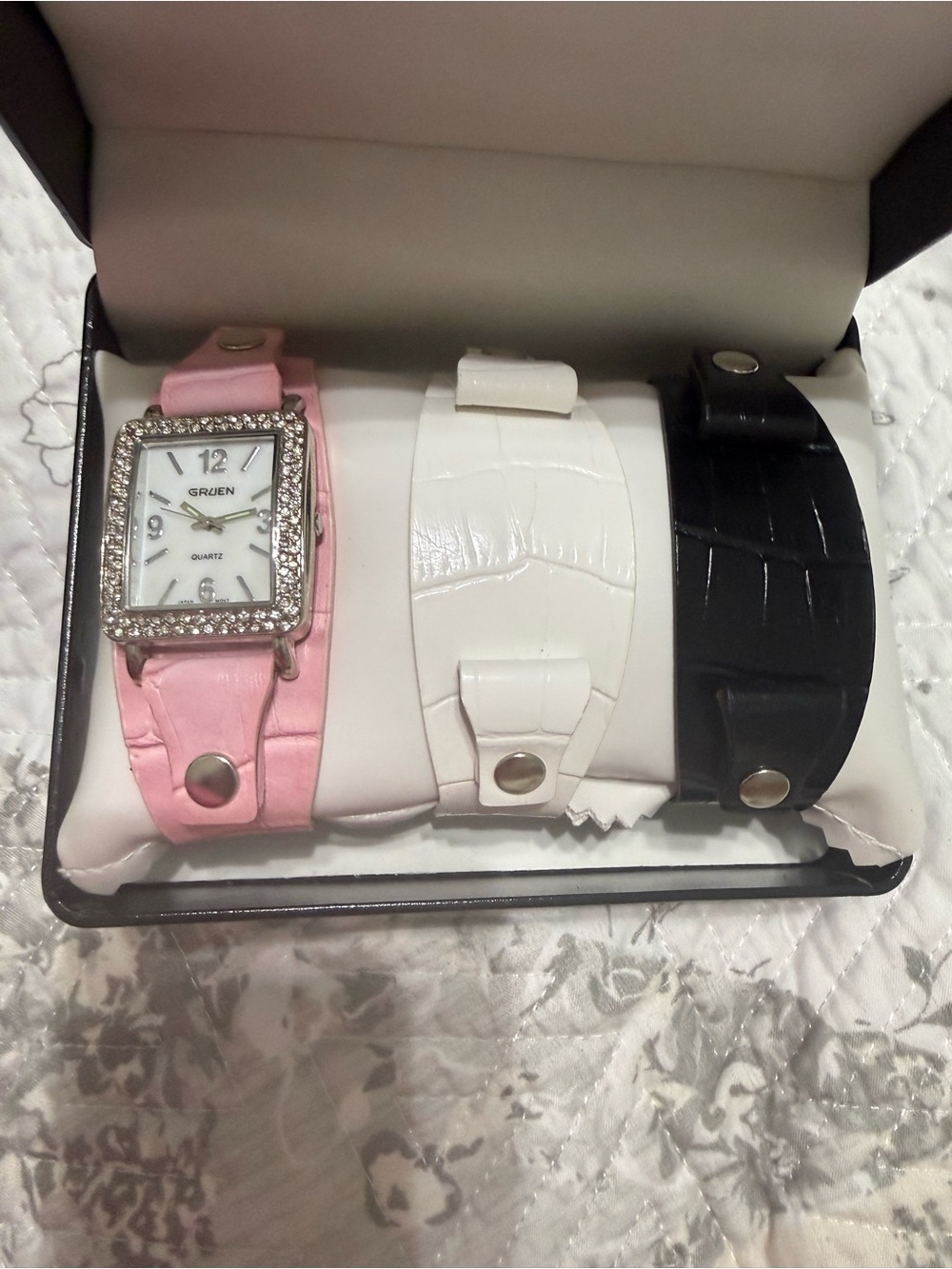 Gruen Women's Pink Crystal Accent Leather Watch with Interchangeable Bands NEW